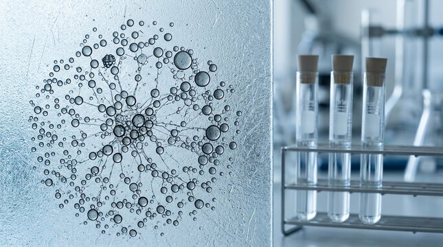 Intricate microscopic bubbles form a complex organic pattern on a textured metallic surface near laboratory test tubes.