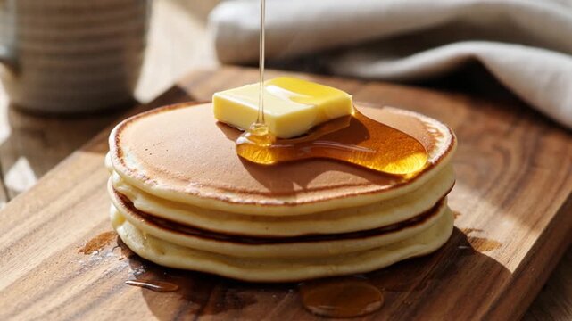 Delicious golden honey slowly pouring onto butter and a stack of fresh pancakes on a wooden board