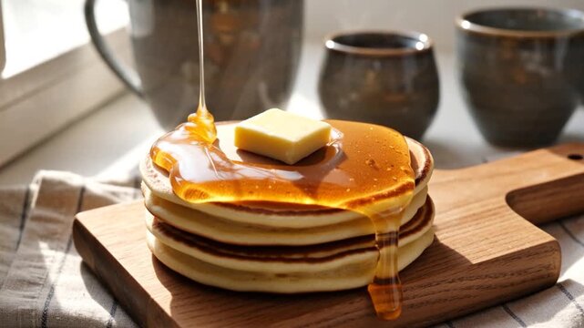 Delicious golden honey slowly pouring onto butter and a stack of fresh pancakes on a wooden board