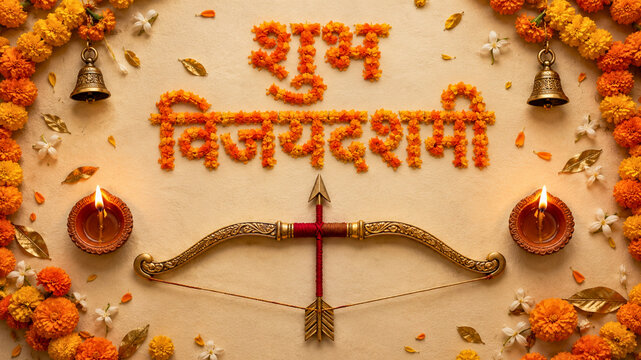 Shubh Vijayadashami Hindi Calligraphy Made Of Marigold Flowers Framing Bow And Arrow With Diya Lamps And Temple Bells Flat Lay Layout