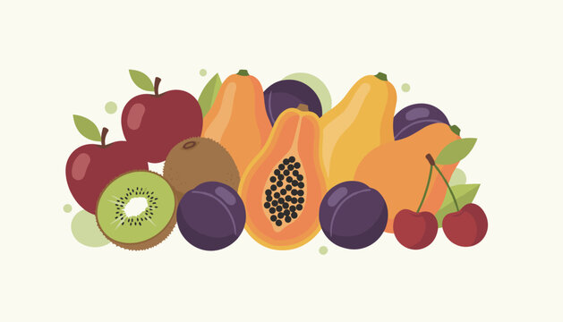 Selection of various tropical and temperate fruits including apples, kiwi, papaya, plums, and cherries in a colorful arrangement.