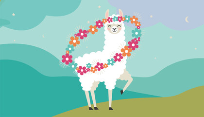 Obraz premium Happy white llama wearing a colorful flower wreath around its neck dancing in a mountainous landscape at night.