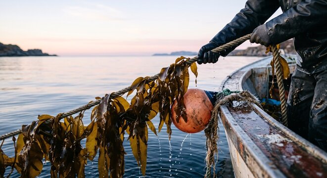 A worker's hand in a protective glove pulls fresh brown kelp and an orange buoy from the tranquil ocean