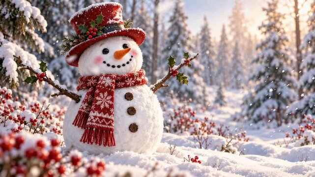 Cheerful snowman wearing red Christmas hat and scarf in snowy winter forest with falling snow, holly berries and warm festive sunlight