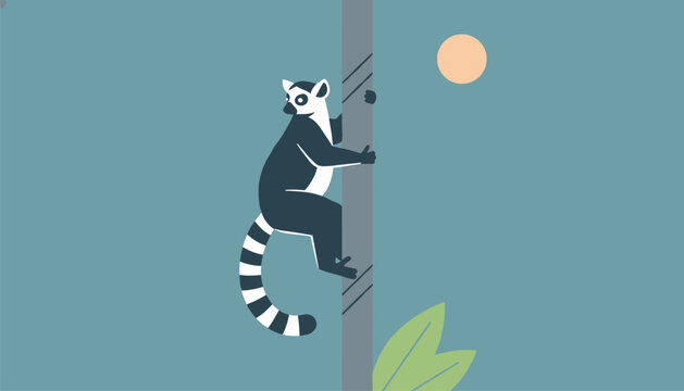 Ring-tailed lemur in a minimalist flat style climbing up a tall tree trunk against a clean blue sky with a pale orange sun.