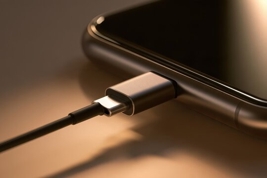 Intimate desk photo of a smartphone charging connection with soft lighting