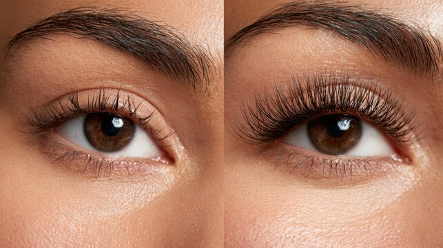 Intimate eye close-up illustrating lash transformation from natural to enhanced