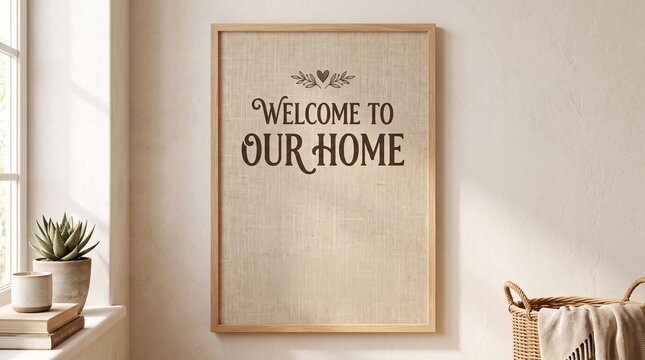 Welcome To Our Home typography poster mockup in wooden frame on wall   