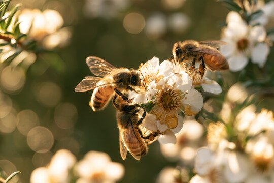Intimate macro scene of buzzing bees among Manuka blossoms in natural Australian scenery