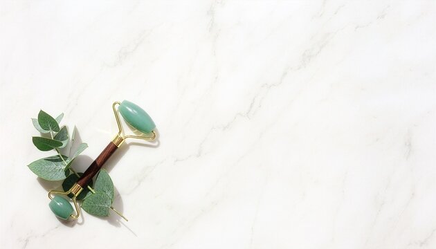 Green jade facial massage roller on white marble with copy space for beauty brand