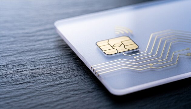 Macro contactless smart card chip in transparent acrylic card with copy space