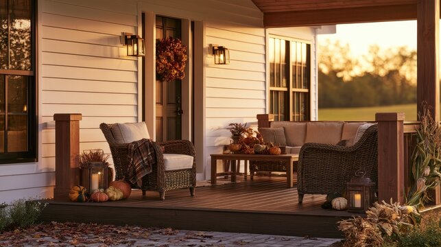 Inviting Fall Front Porch Scene: Neutral Palette, Pumpkins, Plaid Throw, and Warm Lantern Light