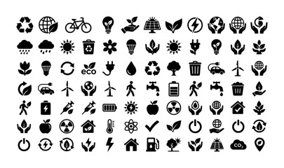 Fototapeta premium Ecology and environment icon set with renewable energy and nature symbols for conservation and sustainability
