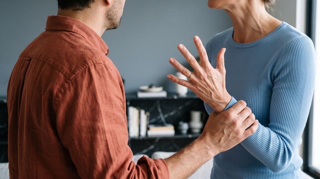 Close up of man holding woman wrist during an argument inside room