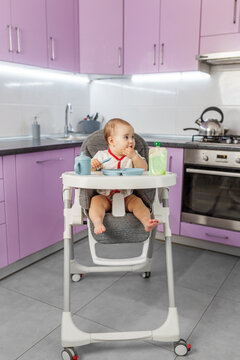Baby eating finger food sitting in high chair in kitchen