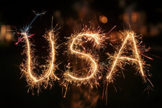 Letters USA formed by sparklers against a dark Independence Day night sky
