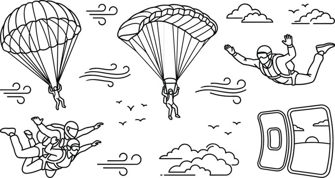 Skydiving and parachuting line art vector set featuring skydivers paragliding free fall wind clouds and open airplane door