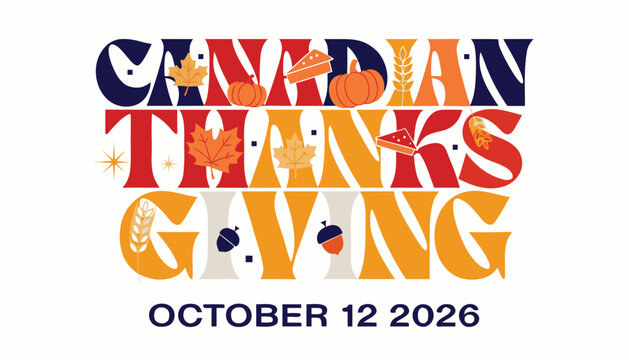 Canadian thanksgiving typography design featuring autumn seasonal icons and harvest elements