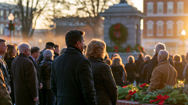 Community gathering in a quiet town square at dawn, diverse crowd in dark coats standing in silence near a stone memorial decorated with wreaths, mist and soft golden light, rememb
