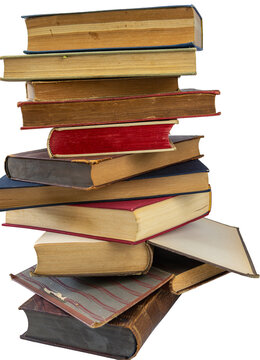 Tall vertical stack of antique brown and red books isolated on transparent background.