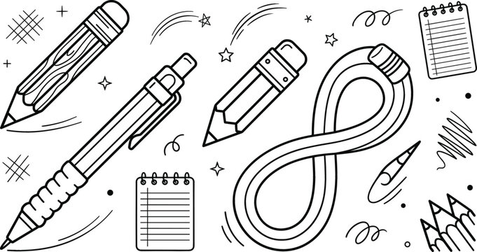 School stationery line art vector set featuring pencils mechanical pen spiral notepad flexible bendy pencil eraser doodles