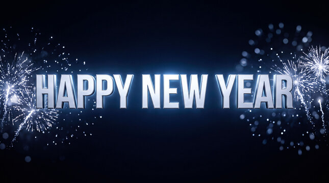Happy New Year text in silver metallic font with glowing blue lights and festive fireworks on dark background for holiday celebration and seasonal event party.