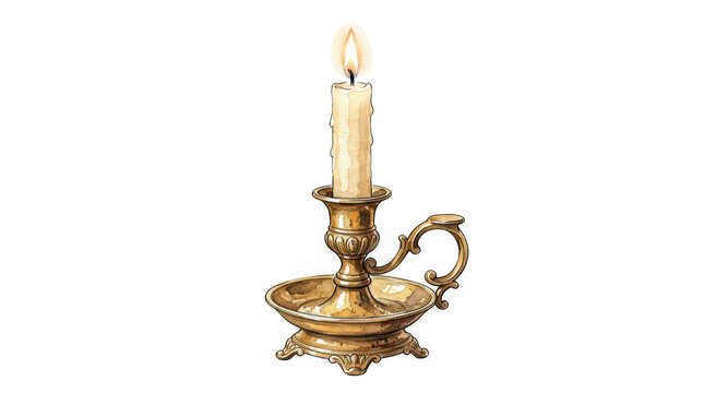 Vintage brass candlestick with a lit candle isolated on transparent background