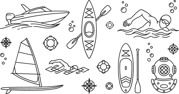 Water sports line art vector elements set featuring speed boat kayak swimming windsurfing paddleboard and diving helmet symbols