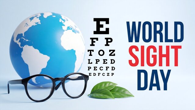 World Sight Day awareness concept, global eye care and vision test banner, eyeglasses with globe and snellen eye chart 4K