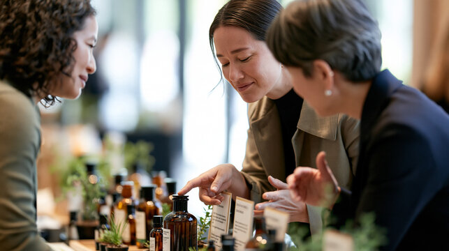 Shot over the shoulders of two attendees browsing a refined exhibitor table with amber glass bottles of natural products, small plants and blank educational cards, soft window ligh