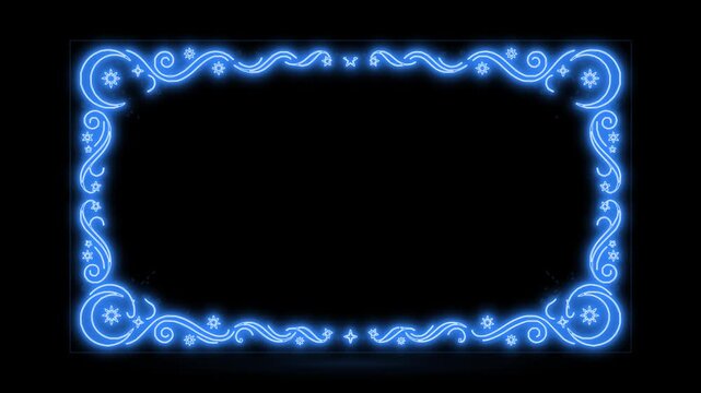 Glowing neon blue celestial border frame with stars and swirls on black background