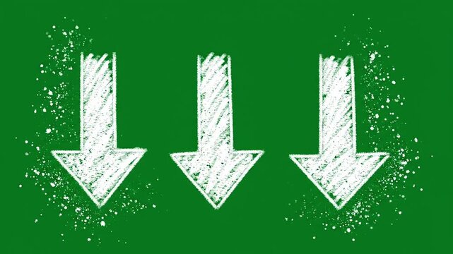 Three white chalk arrows pointing downwards on a green school chalkboard background motion video loop
