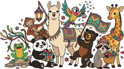 Obraz premium Colorful festival animal characters celebrating with llama panda monkey frog parrot giraffe bear and raccoon decorations