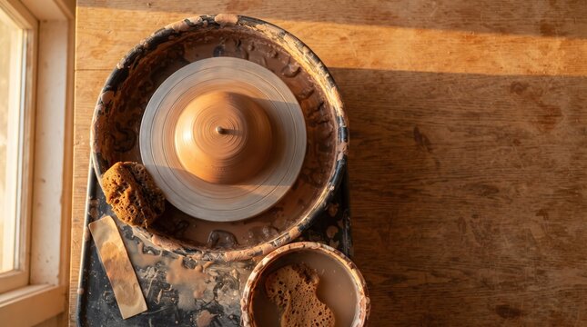 In a cozy studio filled with warm sunlight, a potter skillfully molds clay on a spinning wheel. Tools and sponges sit nearby, capturing the simple beauty of the crafting process.