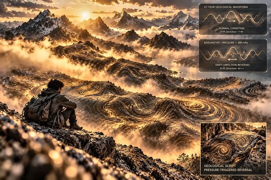 Surreal Mountain Landscape with Glowing Geological Waveforms and Pressure-Triggered Directional Drift