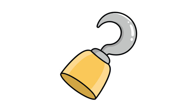 Cute cartoon vector illustration of a classic silver pirate hook with a yellow wooden handle isolated on a clean white background.