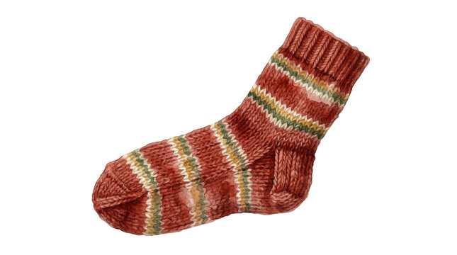 Red knitted wool sock isolated on transparent background