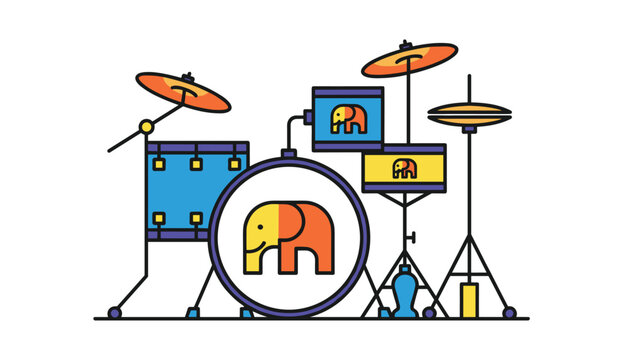 Colorful musical drum kit vector illustration featuring cute elephant graphics on the bass drum and small Toms.