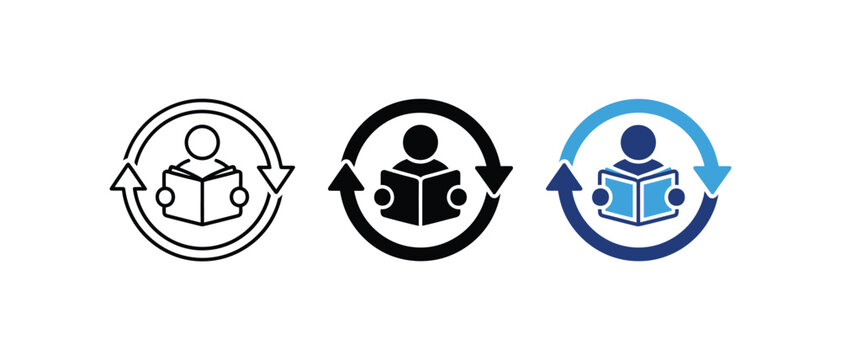 Continuous learning aur knowledge sharing icon, education aur lifelong study symbol, learning sign, education graphic. Vector illustration.   