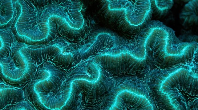 Close-up view of blue glowing intricate coral reef pattern with wavy organic shapes underwater in deep ocean environment