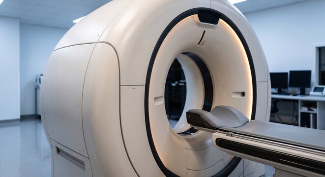 Advanced medical CT scanner machine inside a sterile diagnostic room in a modern hospital