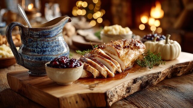 Roast turkey breast sliced on a wooden board. Accompanied by cranberry sauce in a bowl and a small pumpkin. Warm, cozy setting with a fireplace