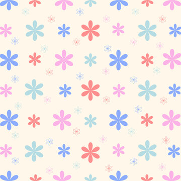 Seamless cute pastel flowers pattern on cream background, minimalist floral wallpaper