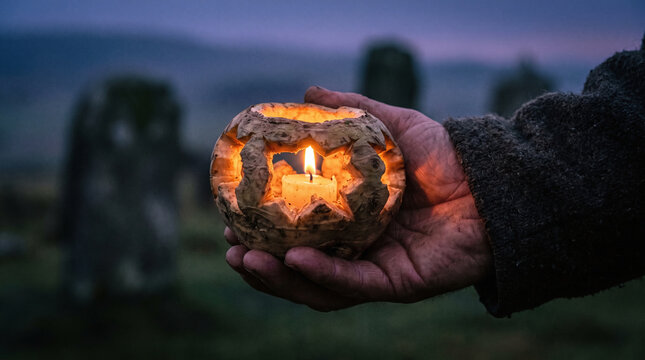 Hand holding traditional carved turnip lantern with glowing candle at dusk