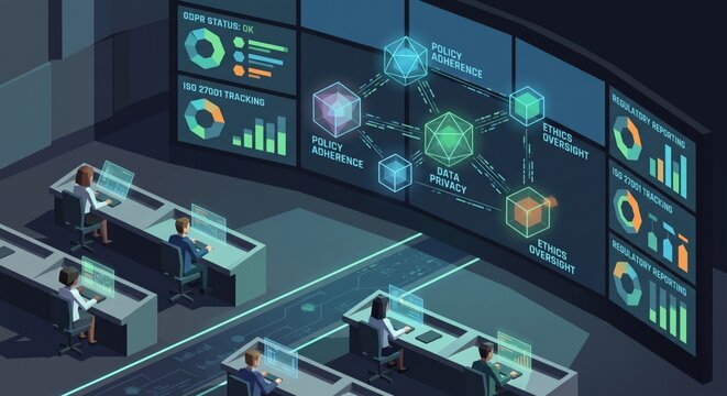 Isometric dark office with data dashboards, governance risk compliance, GRC technology, risk monitoring and corporate governance
