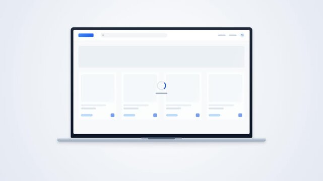 Clean 2D vector animation of a modern laptop displaying an online shopping website with a rotating loading indicator, product placeholders, shopping cart icon, and subtle loading effects. Suitable for