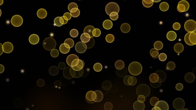 Golden bokeh orbs and glowing particles shimmer against a dark background, creating a magical and ethereal atmosphere, perfect for festive or celebratory designs.