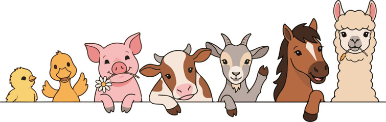 Obraz premium Cute farm animal characters peeking over a fence featuring chick duck pig cow goat horse and llama