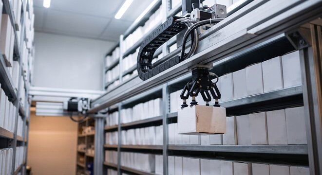 Automated robotic arm picking up a cardboard box in a high tech warehouse distribution center