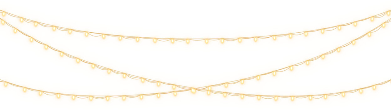 Hanging golden fairy lights on transparent background. Festive string light garlands for Christmas and wedding decoration. Glowing warm light bulbs overlay